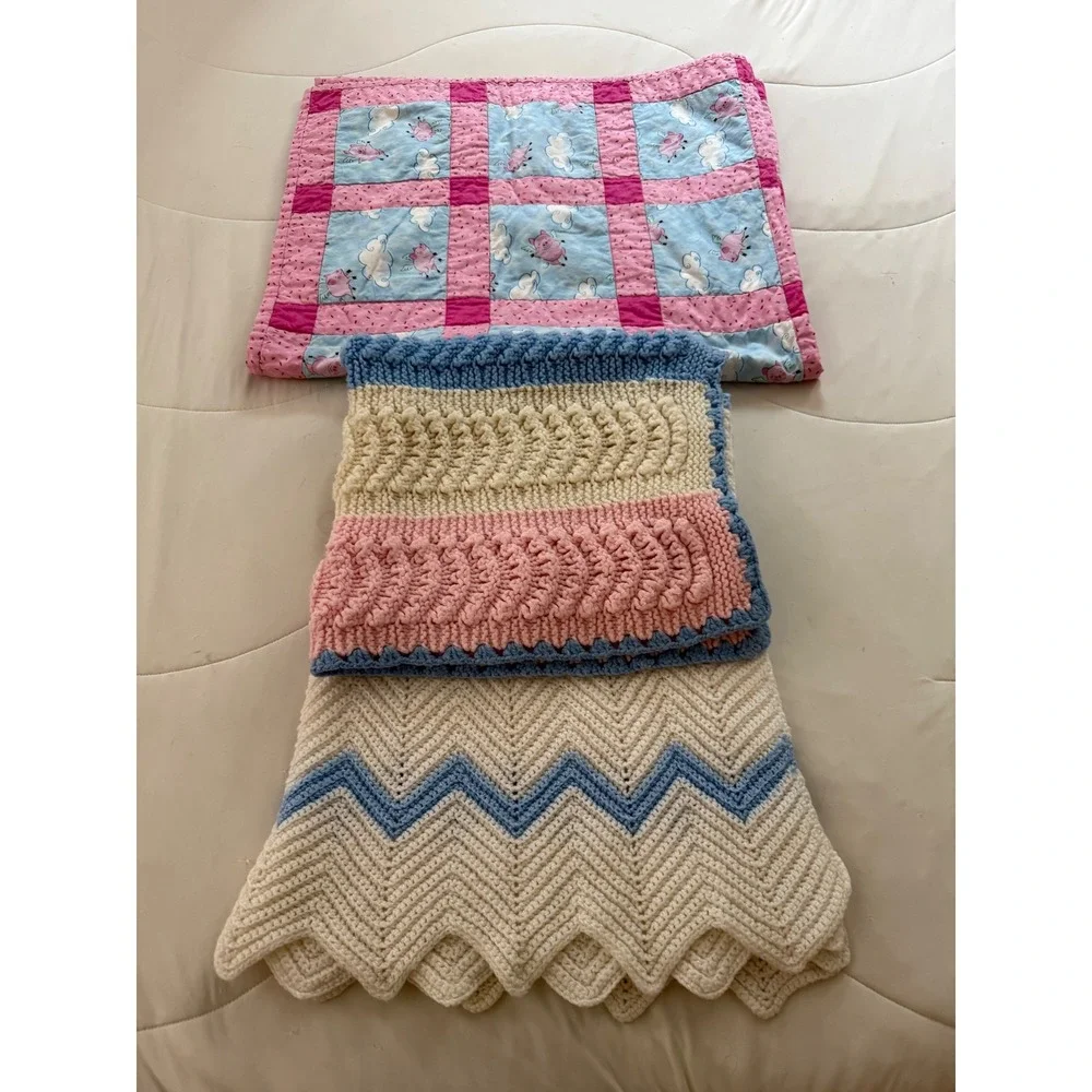 Handmade Baby Blanket Bundle Flying Pigs Quilt Crochet Chevron Pink Blue 3pc Set